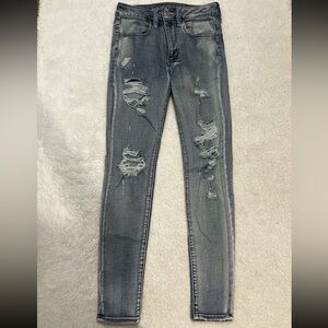 American Eagle Outfitters Gray Skinny Jeans with Distressed Details